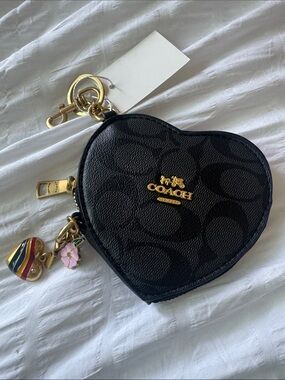 Coach Black Heart Zip Coin Pouch Key Holder with Gold Hardware
